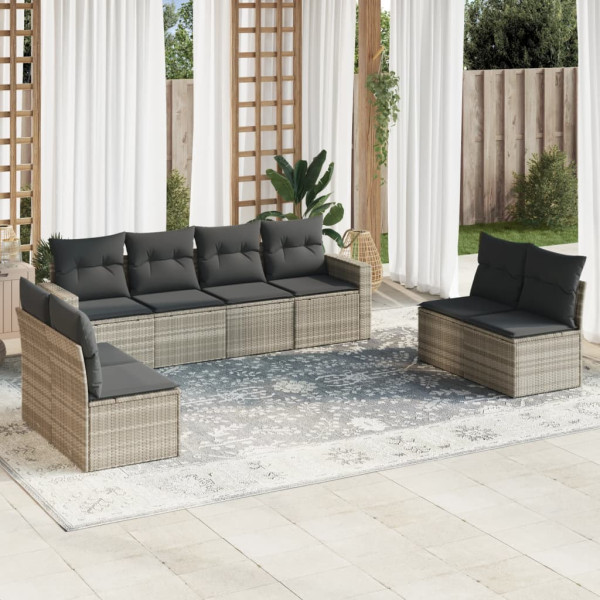 Set muebles jardín 9 pzas y cojines ratán sintético gris claro D