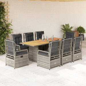 Set comedor jardín 9 pzas y cojines ratán sintético gris D