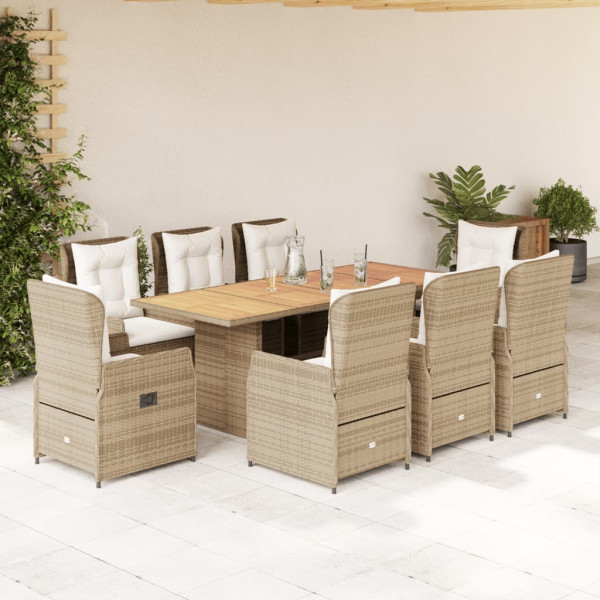 Set Jardim de jantar 9 pts com almofadas ratão sintético beige D