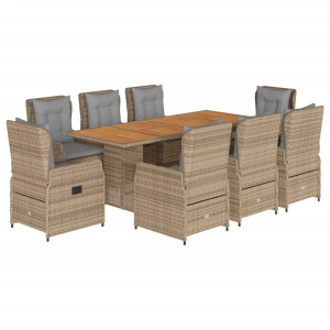 Set comedor de jardín 9 pzas con cojines ratán sintético beige D