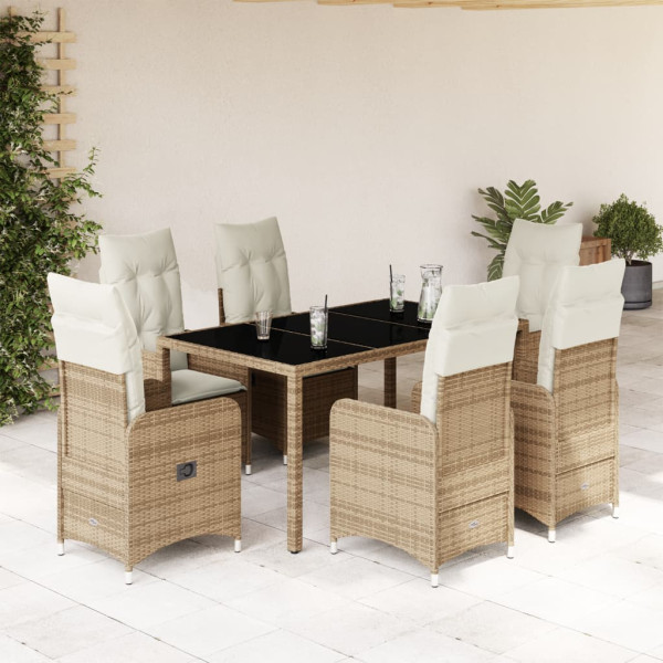 Conjunto de mesa e cadeiras de jardim de 7 peças com almofadas de vime PE bege D