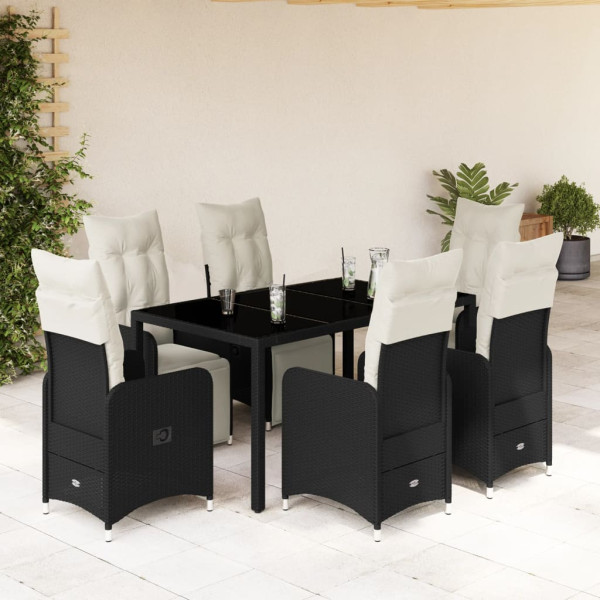 Conjunto de mesa e cadeiras de jardim de 7 peças com almofadas de vime PE preto D