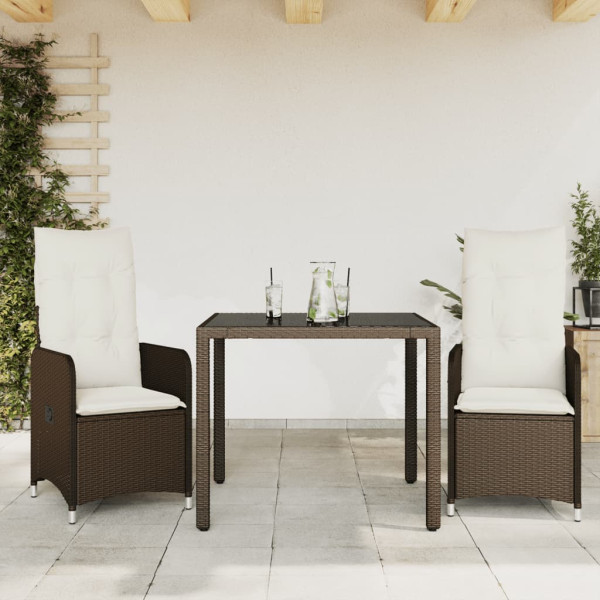 Mesita e cadeiras de jardim 3 pcs e almofadas de rattan marrom D