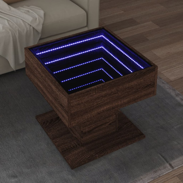 Mesa de centro y LED madera ingeniería marrón roble 50x50x45 cm D