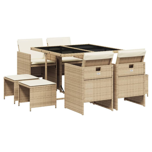 Set Jardim de jantar 9 pts com almofadas ratão sintético beige D