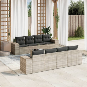 Set muebles jardín 9 pzas y cojines ratán sintético gris claro D