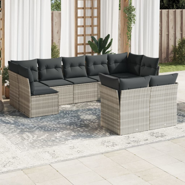 Set muebles jardín 9 pzas y cojines ratán sintético gris claro D