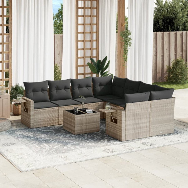 Set muebles jardín 9 pzas y cojines ratán sintético gris claro D