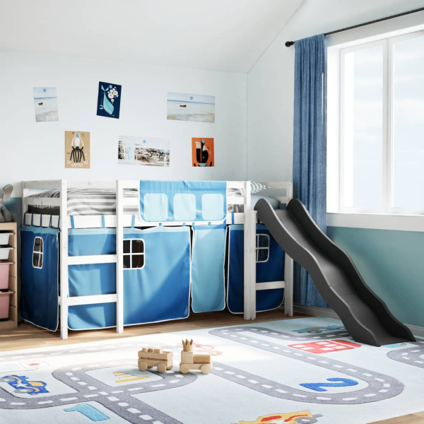 Cama alta para niños con cortinas madera pino azul 80x200 cm D