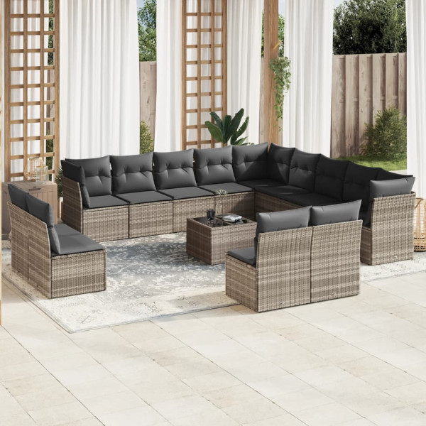 Conjunto de sofás de jardim 14 pzas com almofadas de rattan sintético cinza claro D