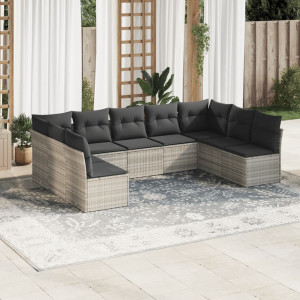 Set muebles jardín 9 pzas y cojines ratán sintético gris claro D