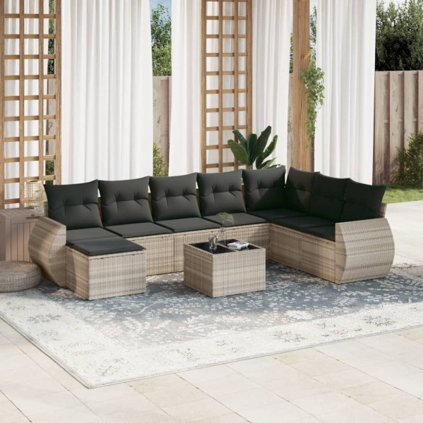 Set muebles jardín 9 pzas y cojines ratán sintético gris claro D