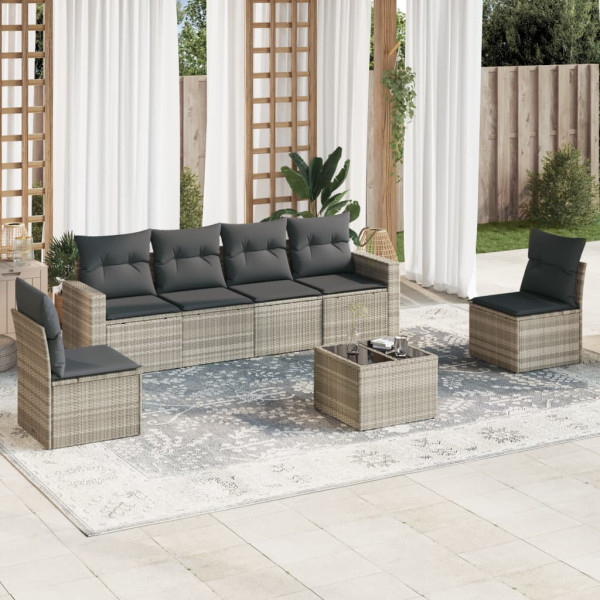 Conjunto de sofás de jardim 7 pcs com almofadas ratán PE luz cinza D