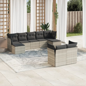 Set muebles jardín 9 pzas y cojines ratán sintético gris claro D