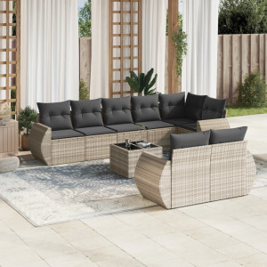 Set muebles jardín 9 pzas y cojines ratán sintético gris claro D