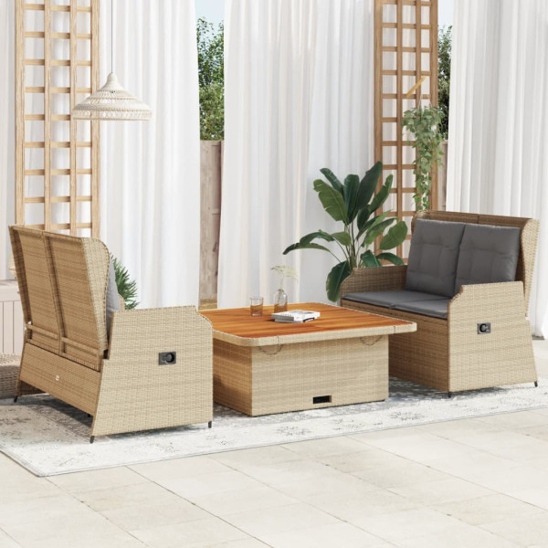 Set muebles de jardín 3 piezas y cojines ratán sintético beige D