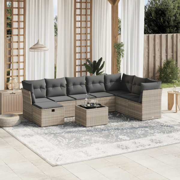 Set muebles jardín 9 pzas y cojines ratán sintético gris claro D