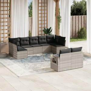 Set muebles jardín 9 pzas y cojines ratán sintético gris claro D