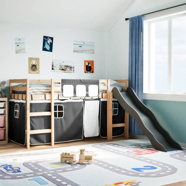 Cama alta infantil com cortinas em madeira de pinho preto e branco 80x200 cm D