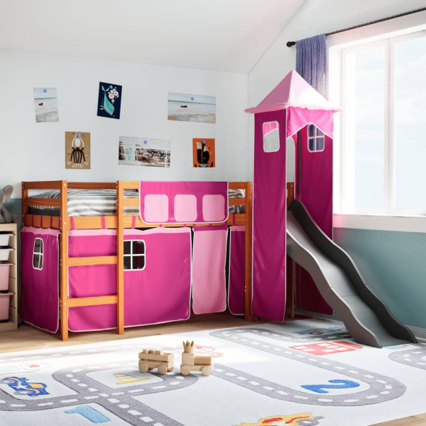 Cama alta para niños con torre madera pino rosa 90x200 cm D