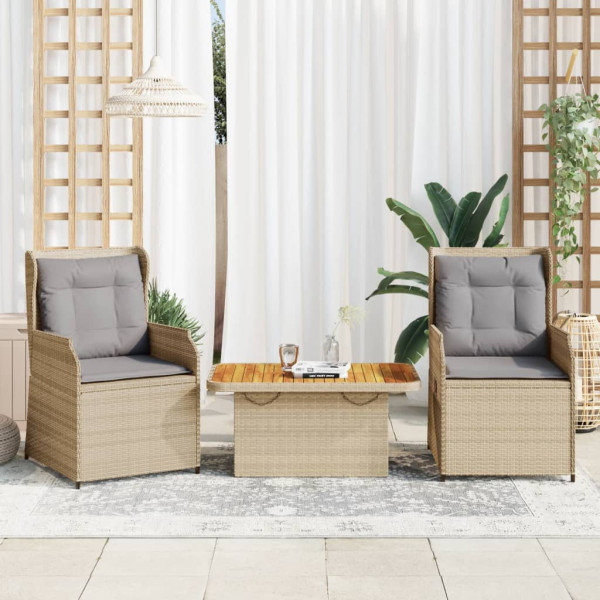 Conjunto de móveis de jardim 3 peças e almofadas de rattan sintético bege D