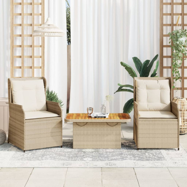 Conjunto de móveis de jardim 3 peças e almofadas de rattan sintético bege D