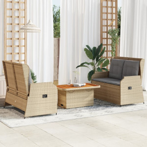 Set muebles de jardín 3 piezas y cojines ratán sintético beige D