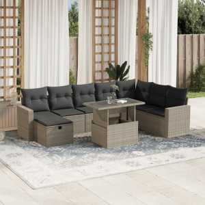 Set muebles jardín 9 pzas y cojines ratán sintético gris claro D