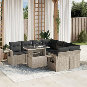 Set muebles jardín 9 pzas y cojines ratán sintético gris claro D