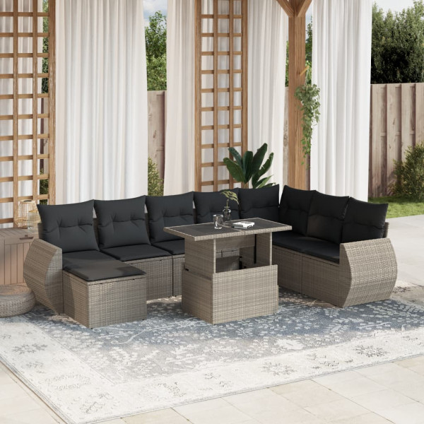 Set muebles jardín 9 pzas y cojines ratán sintético gris claro D