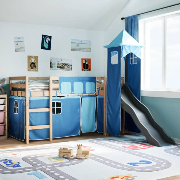 Cama alta para niños con torre madera pino azul 90x190 cm D