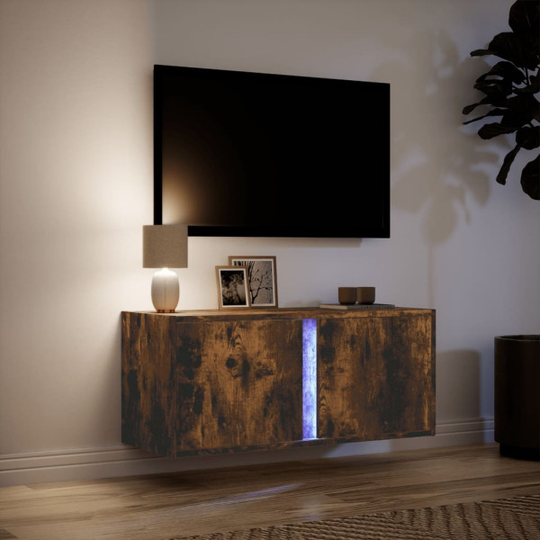 Mueble de TV de pared con luces LED roble ahumado 80x31x35 cm M 5