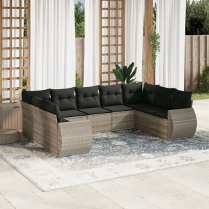 Set muebles jardín 9 pzas y cojines ratán sintético gris claro D