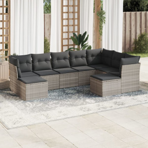 Set muebles jardín 9 pzas y cojines ratán sintético gris claro D