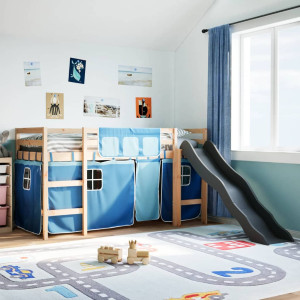 Cama alta para niños con cortinas madera pino azul 90x200 cm D