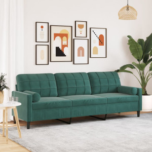 Sofá de 3 plazas con cojines terciopelo verde oscuro 210 cm D