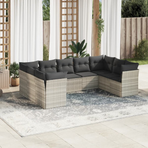 Set muebles jardín 9 pzas y cojines ratán sintético gris claro D