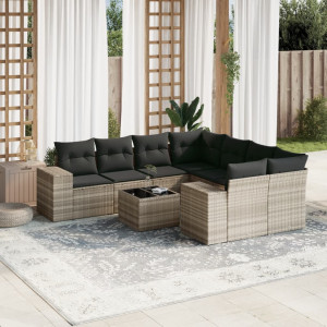 Set muebles jardín 9 pzas y cojines ratán sintético gris claro D