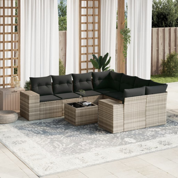 Set muebles jardín 9 pzas y cojines ratán sintético gris claro D