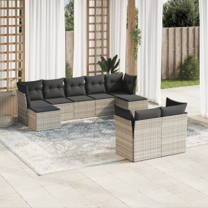 Set muebles jardín 9 pzas y cojines ratán sintético gris claro D