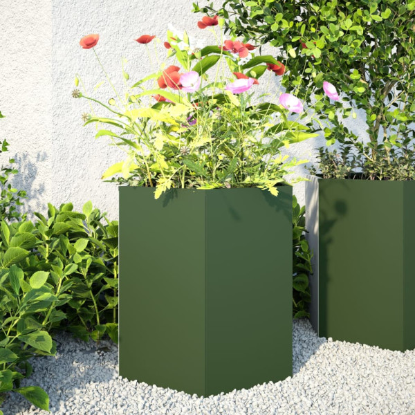 Jardineras hexagonales 2 uds acero verde oliva 46x40x45 cm D