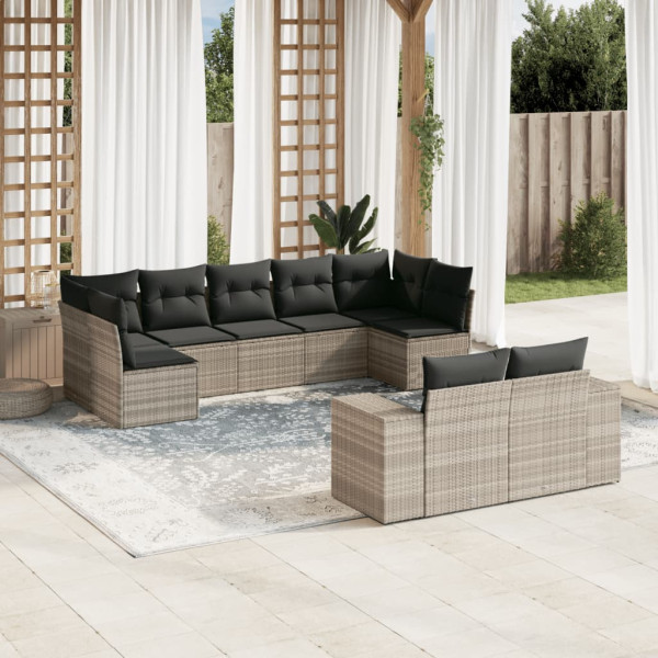 Set muebles jardín 9 pzas y cojines ratán sintético gris claro D