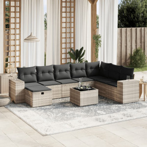 Set muebles jardín 9 pzas y cojines ratán sintético gris claro D