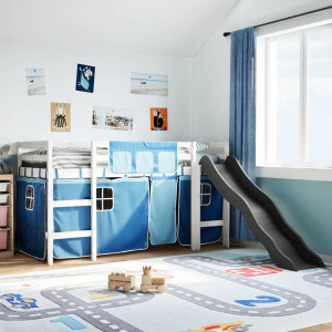 Cama alta para niños con cortinas madera pino azul 90x190 cm D