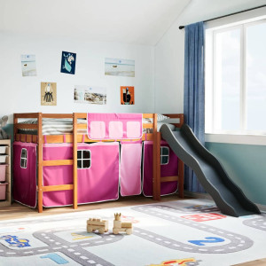 Cama alta para niños con cortinas madera pino rosa 90x190 cm D