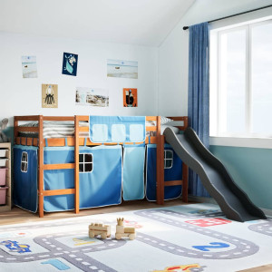 Cama alta para niños con cortinas madera pino azul 90x190 cm D