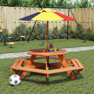 Mesa de picnic hexagonal 6 niños agujero sombrilla madera abeto D