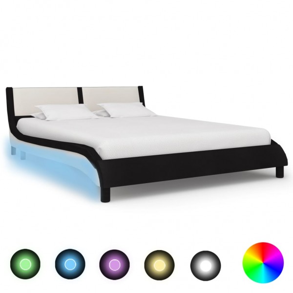 Estructura de cama con LED cuero PE blanco y negro 120x200 cm D