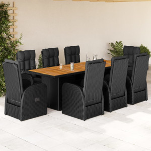 Set de comedor de jardín 9 pzas y cojines ratán sintético negro D