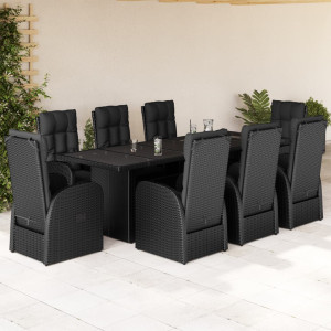 Set de comedor de jardín 9 pzas y cojines ratán sintético negro D